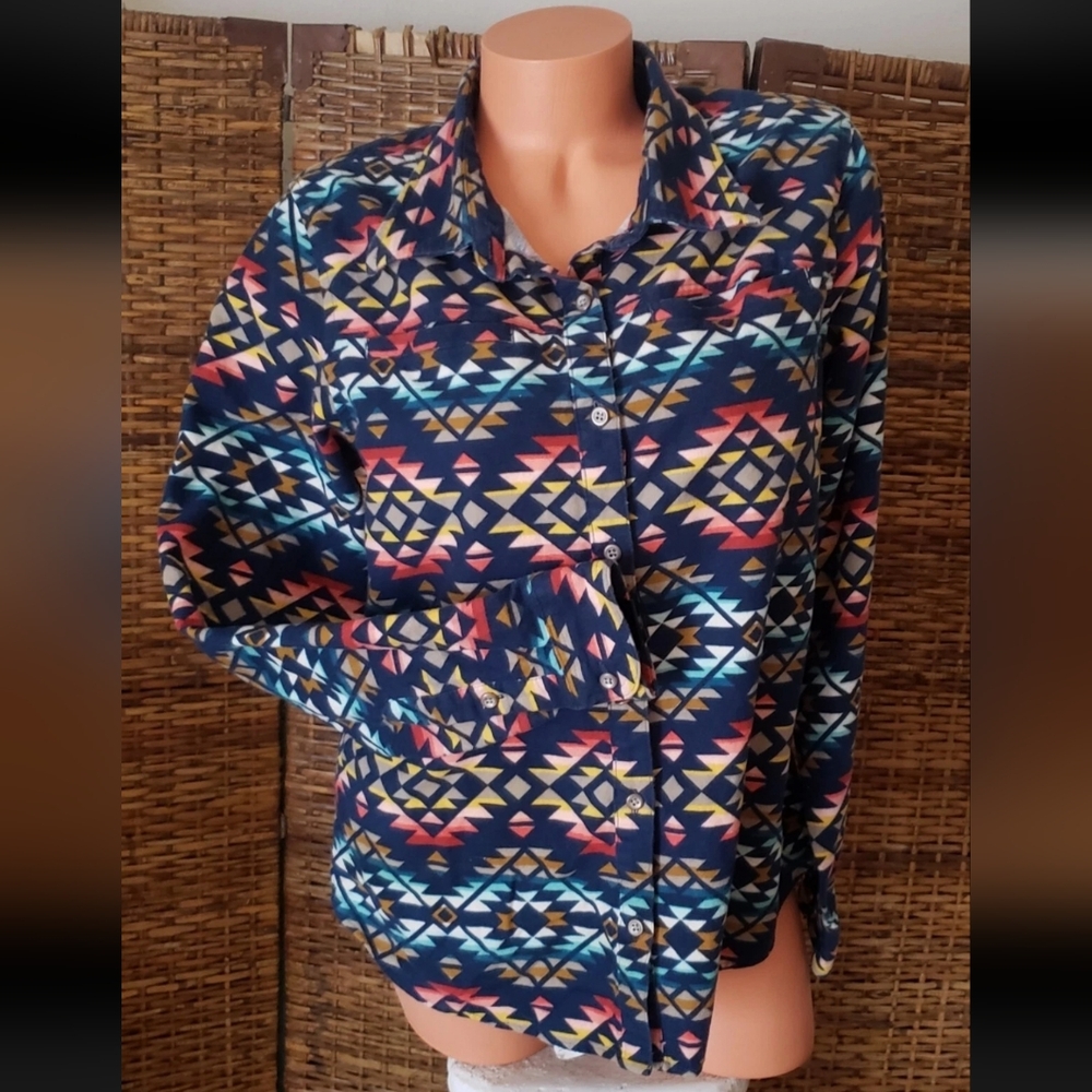 Vintage Cabelas Geometric Southwestern Cotton Flannel Button Up Top Shirt Sz L